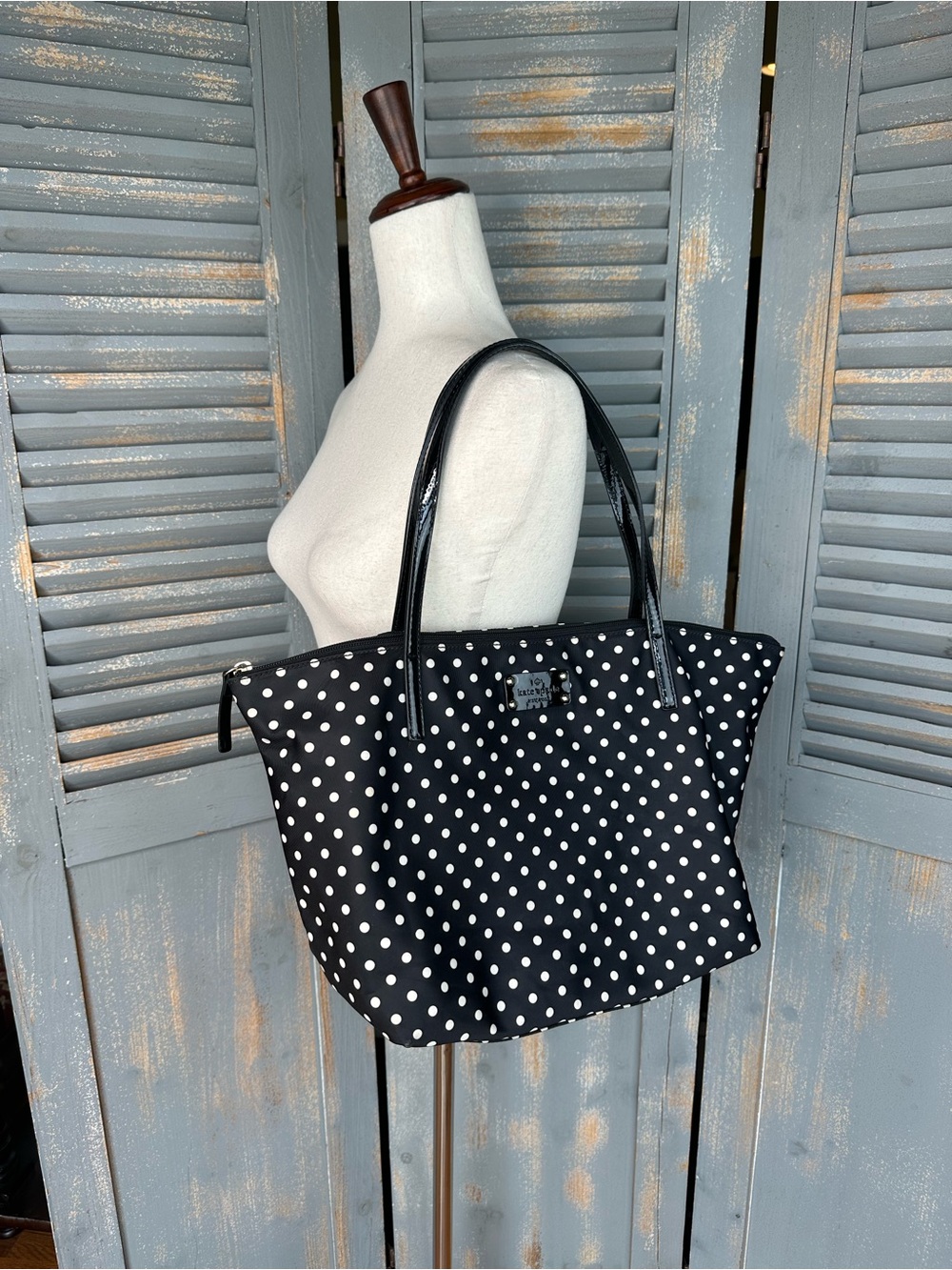 Kate Spade Sophie Polka Dot Nylon Patent Tote Black White - Picture 14 of 16